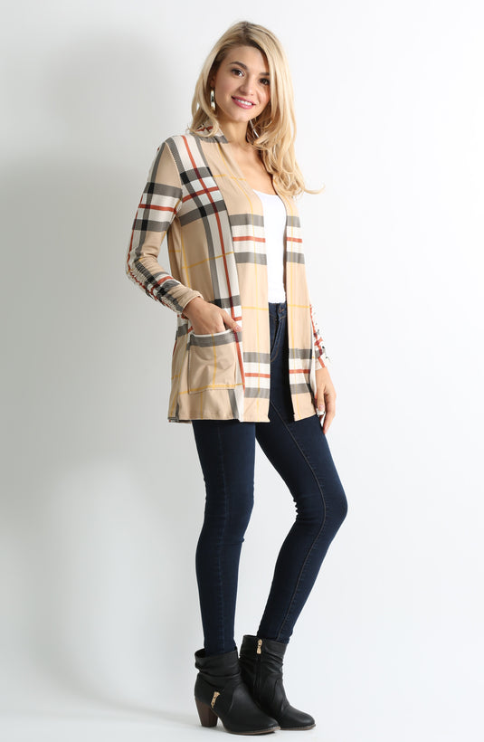 khaki plaid ruched sleeve