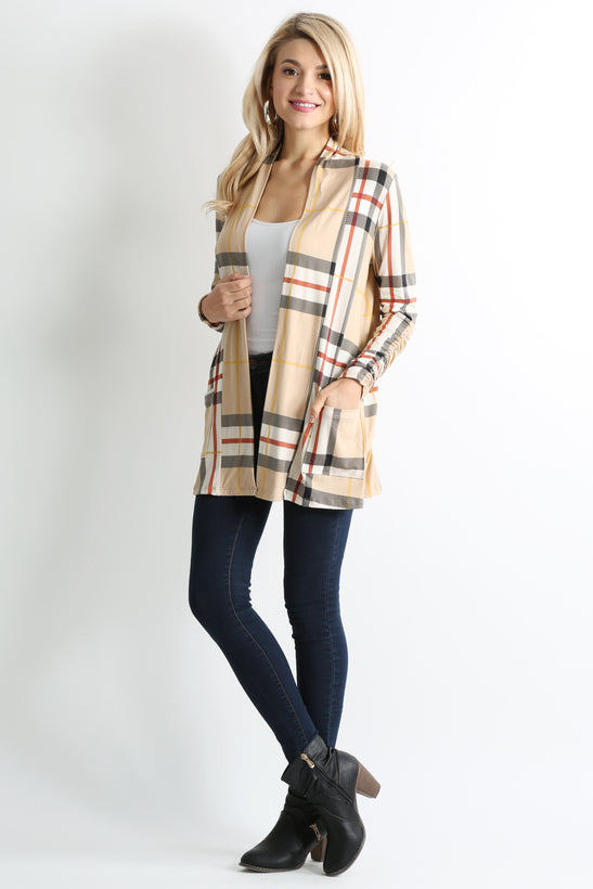 khaki plaid ruched sleeve