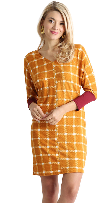 mustard plaid / burgundy sleeve